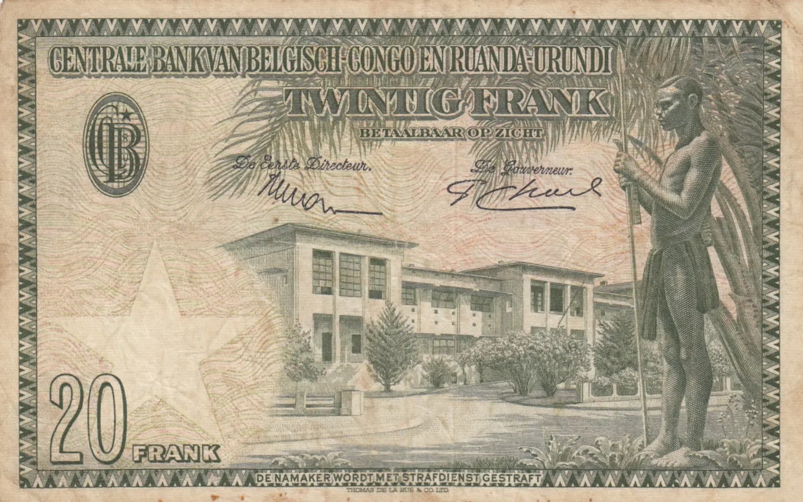 20 francs 1953 from Belgian Congo, P-26 (1953) — image 2