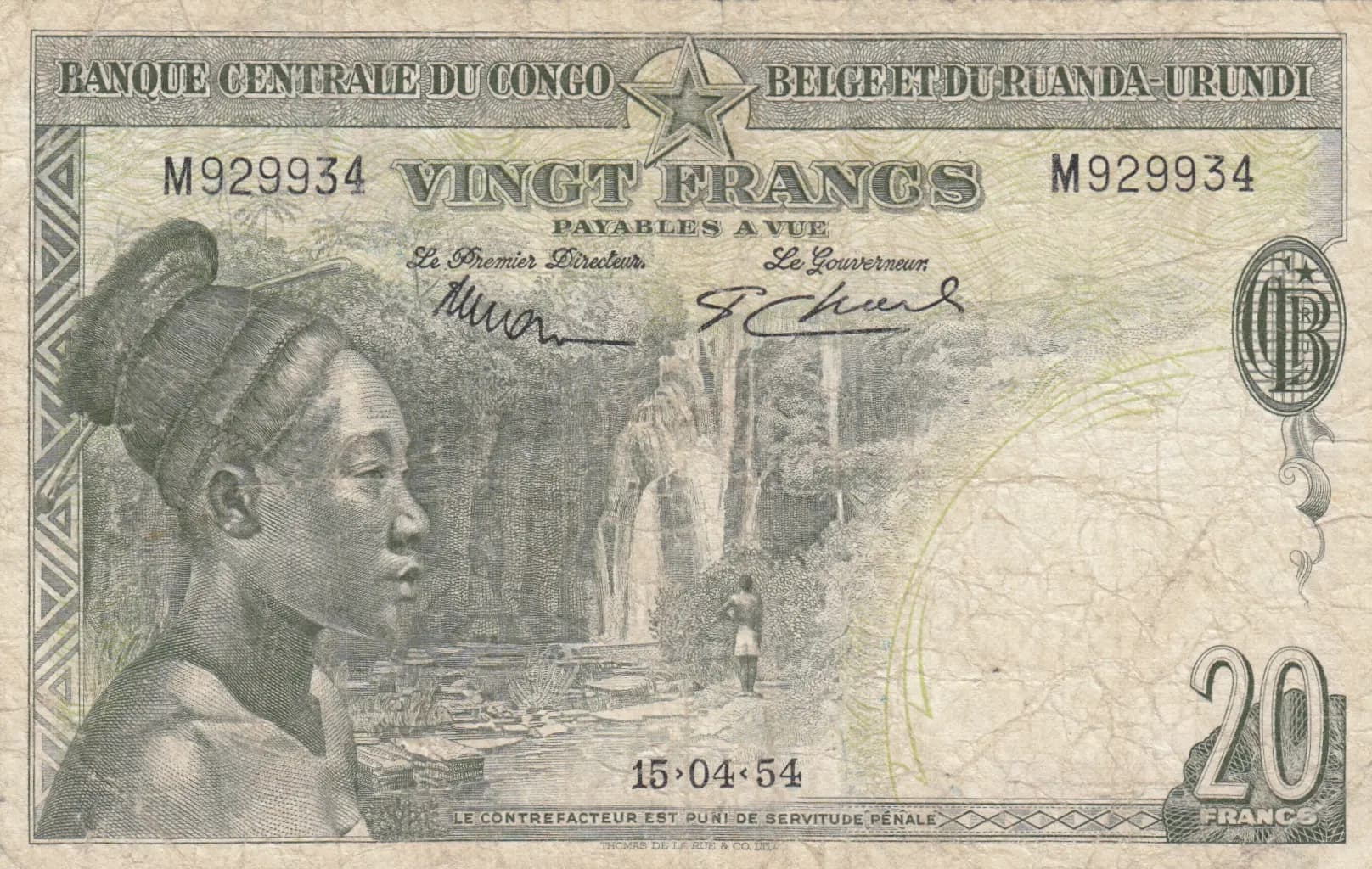 20 francs 1954 from Belgian Congo, P-26 (1954) — image 1