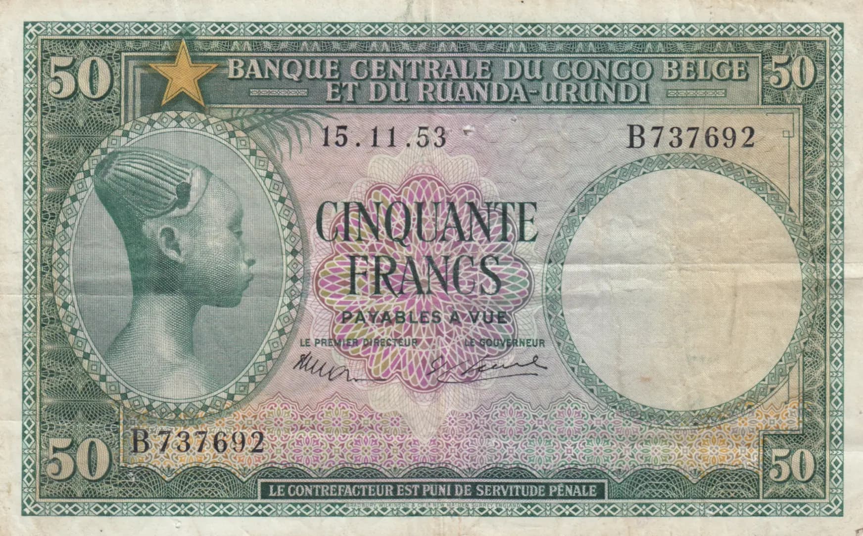 50 francs 1953 from Belgian Congo, P-27 (1953) — image 1