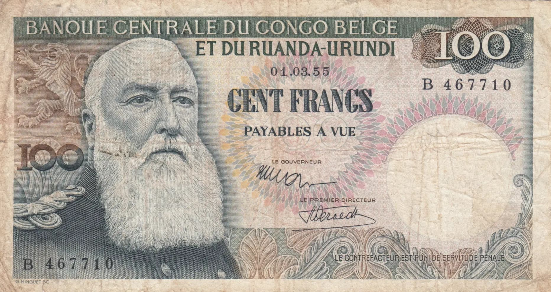 100 francs 1955 from Belgian Congo, P-33a (1955) — image 1