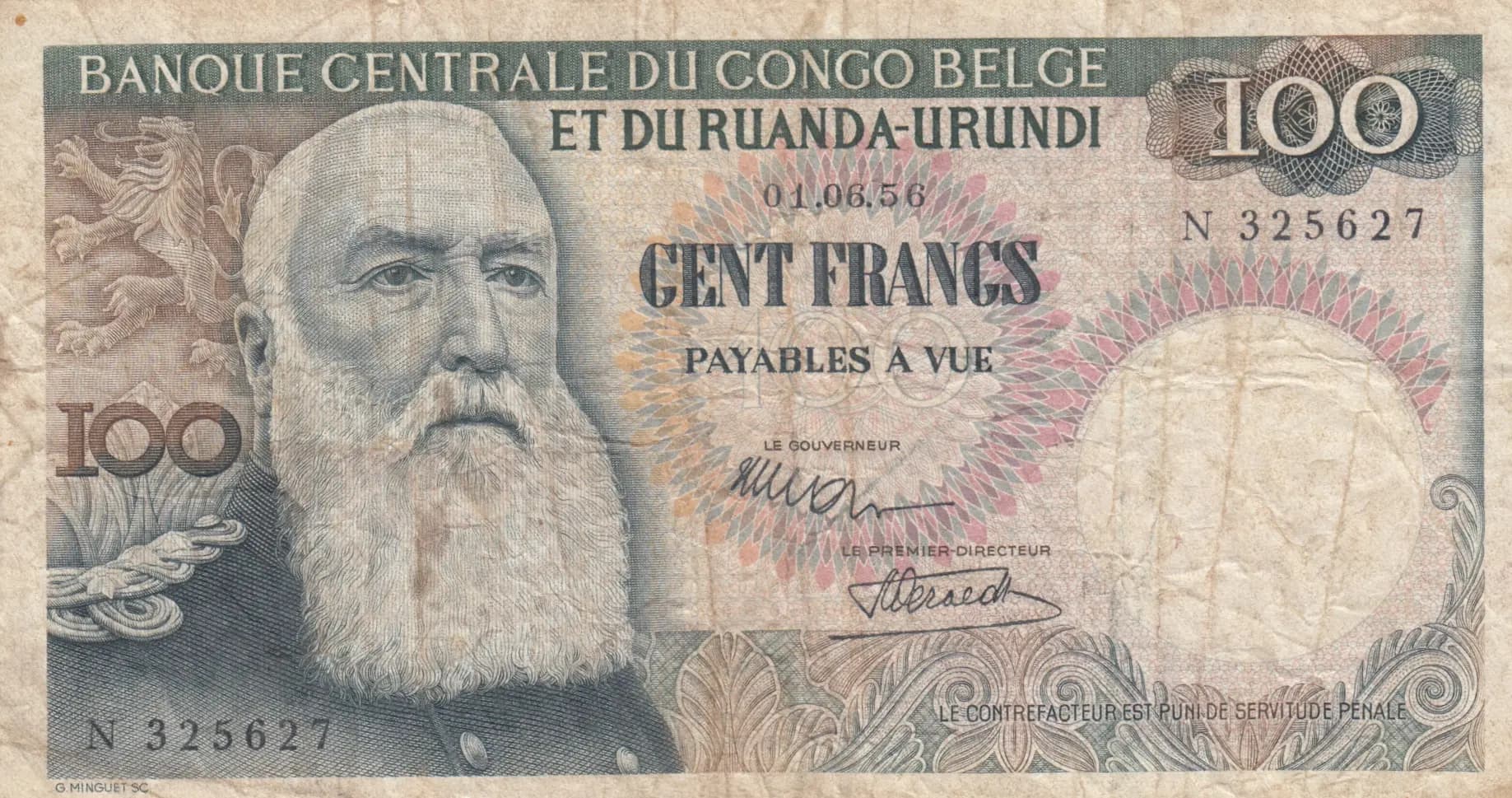 100 francs 1956 from Belgian Congo, P-33a