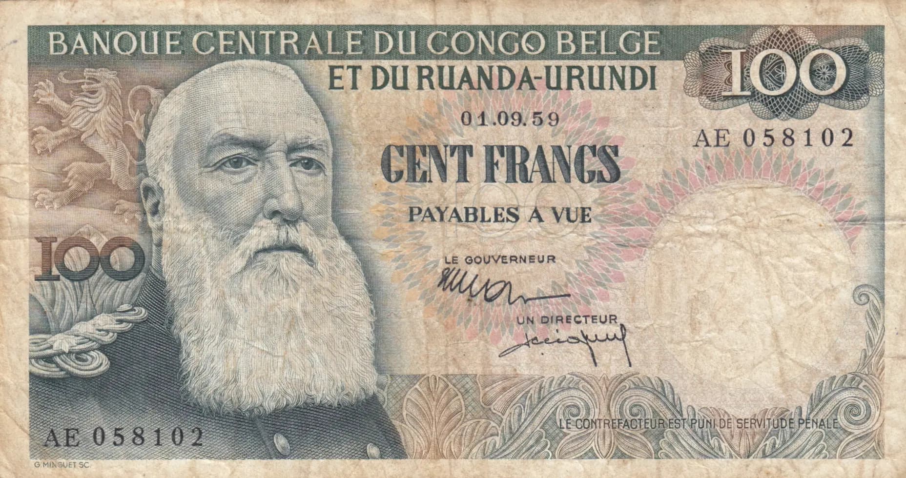 100 francs 1959 from Belgian Congo, P-33b