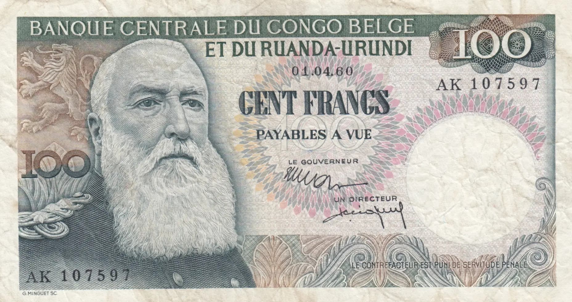 100 francs 1960 from Belgian Congo, P-33b