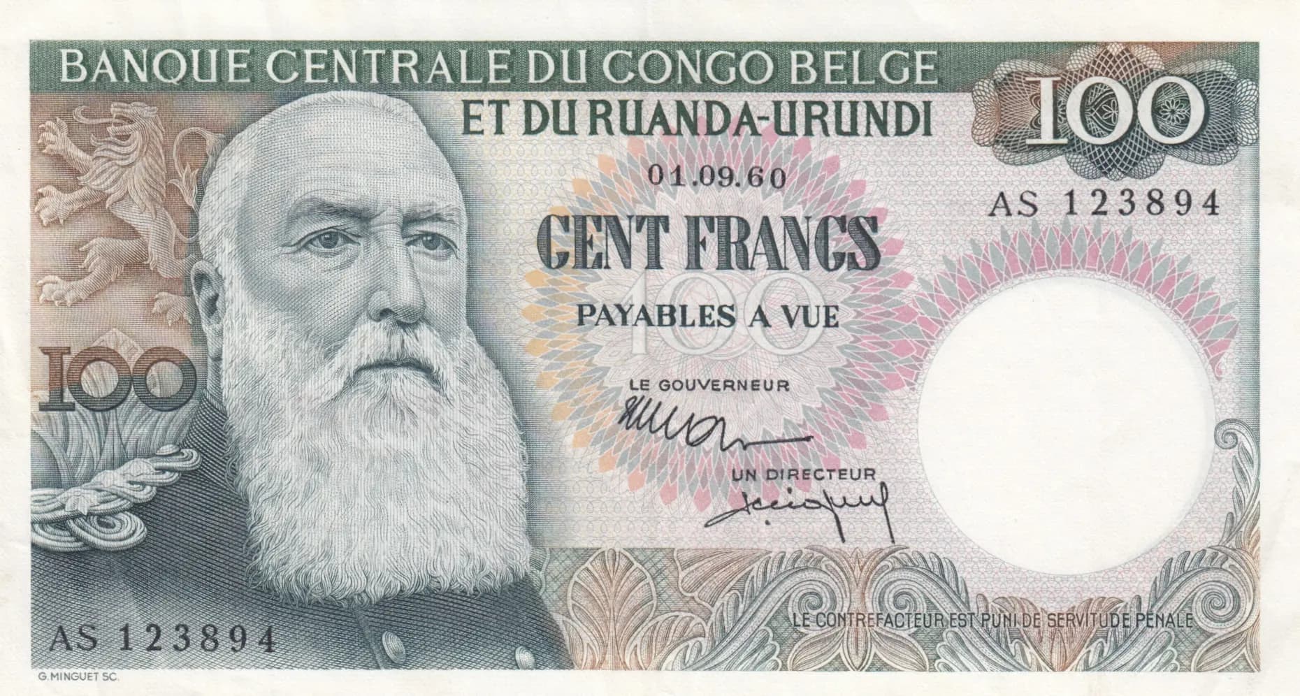 100 francs 1960 from Belgian Congo, P-33c