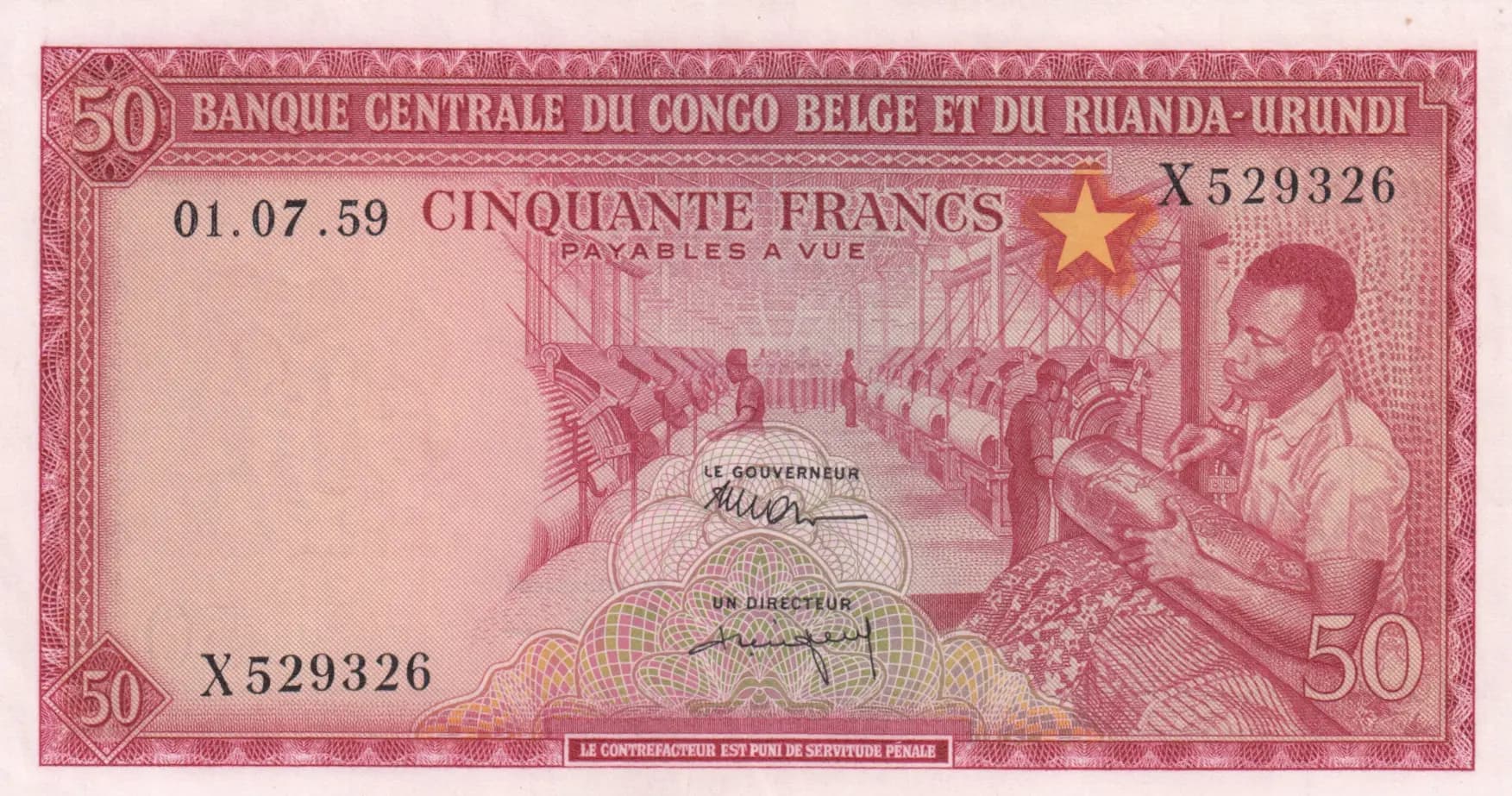 50 francs 1959 from Belgian Congo, P-32