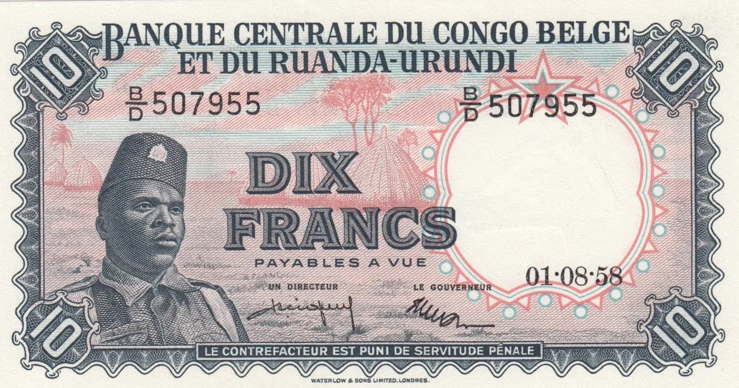 10 francs 1958 from Belgian Congo, P-30b