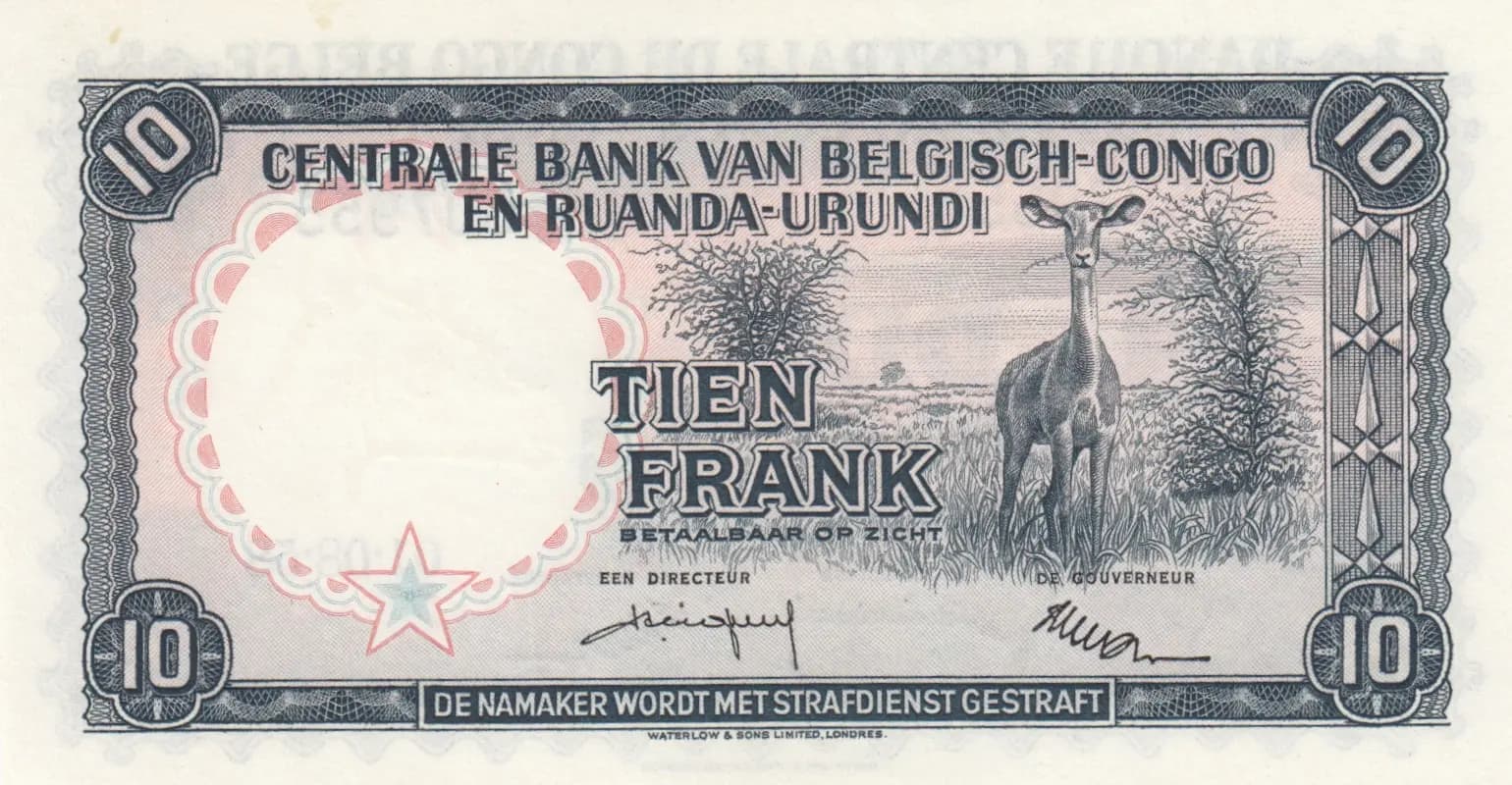 10 francs 1958 from Belgian Congo, P-30b (1958) — image 2