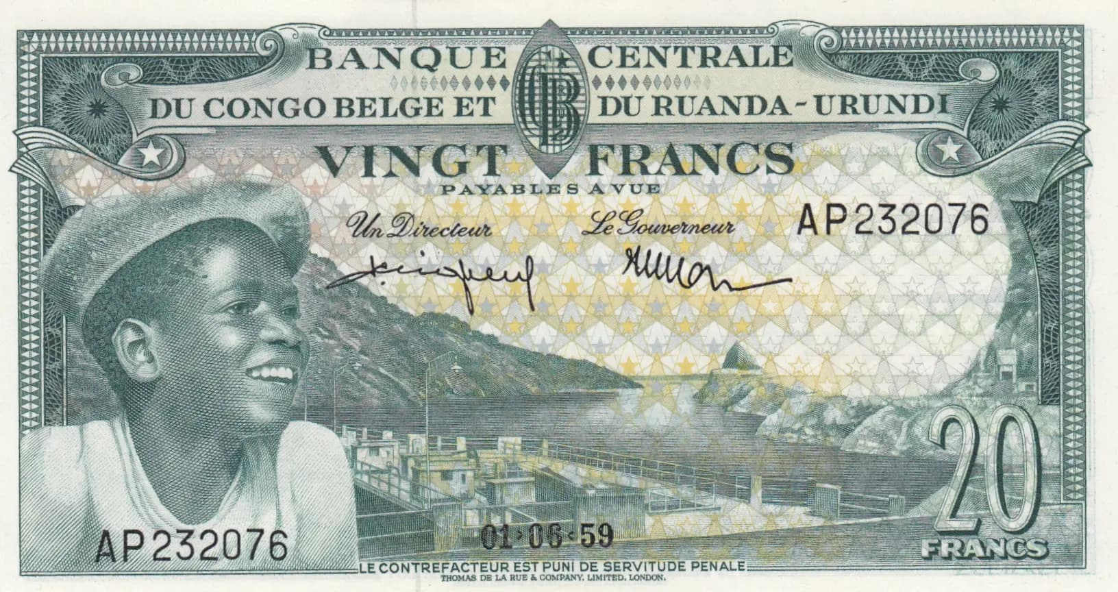 20 francs 1959 from Belgian Congo, P-31