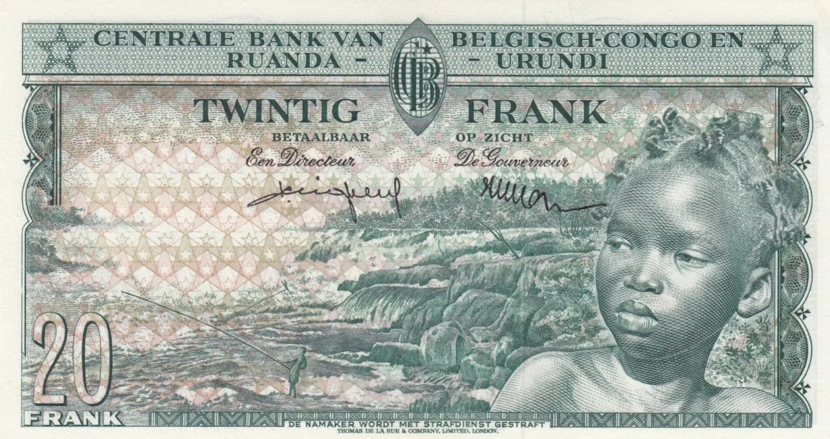 20 francs 1959 from Belgian Congo, P-31 (1959) — image 2