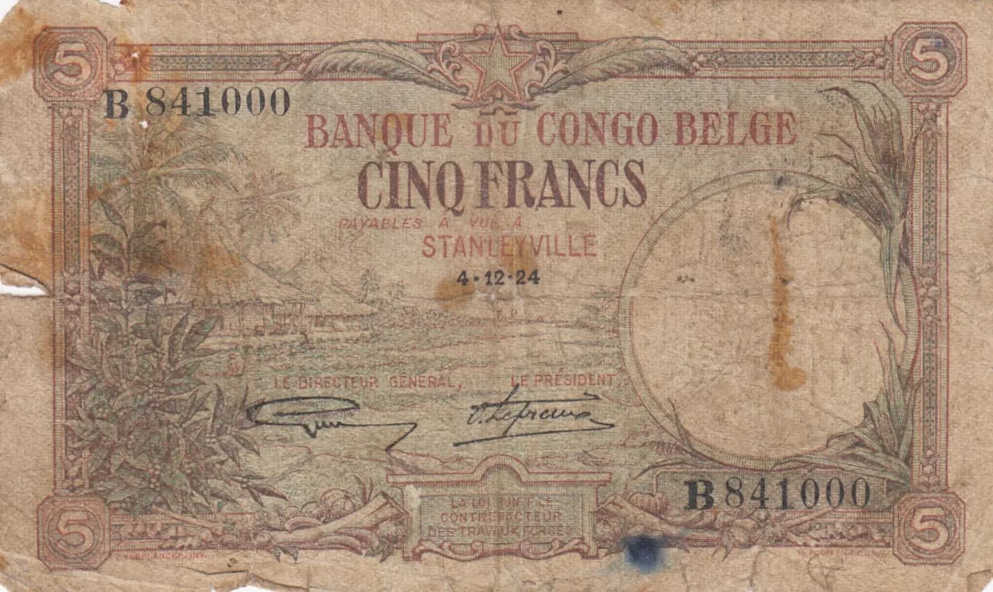 5 francs 1924 from Belgian Congo, P-8d