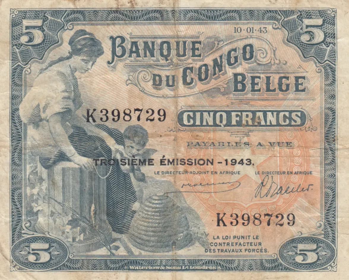 5 francs 1943 from Belgian Congo, P-13Aa