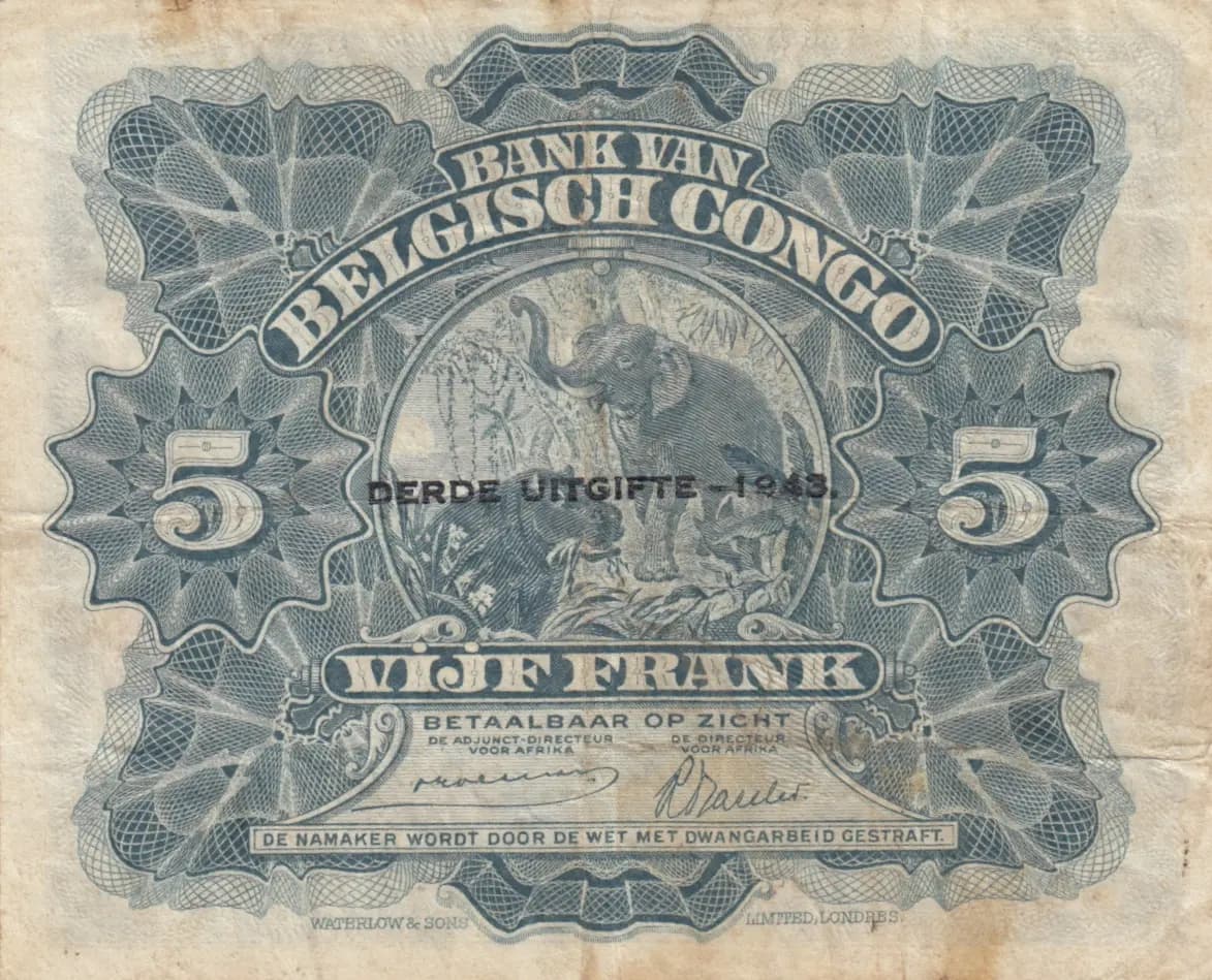 5 francs 1943 from Belgian Congo, P-13Aa (1943) — image 2