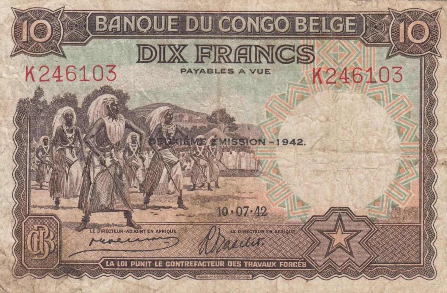 10 francs 1942 from Belgian Congo, P-14B