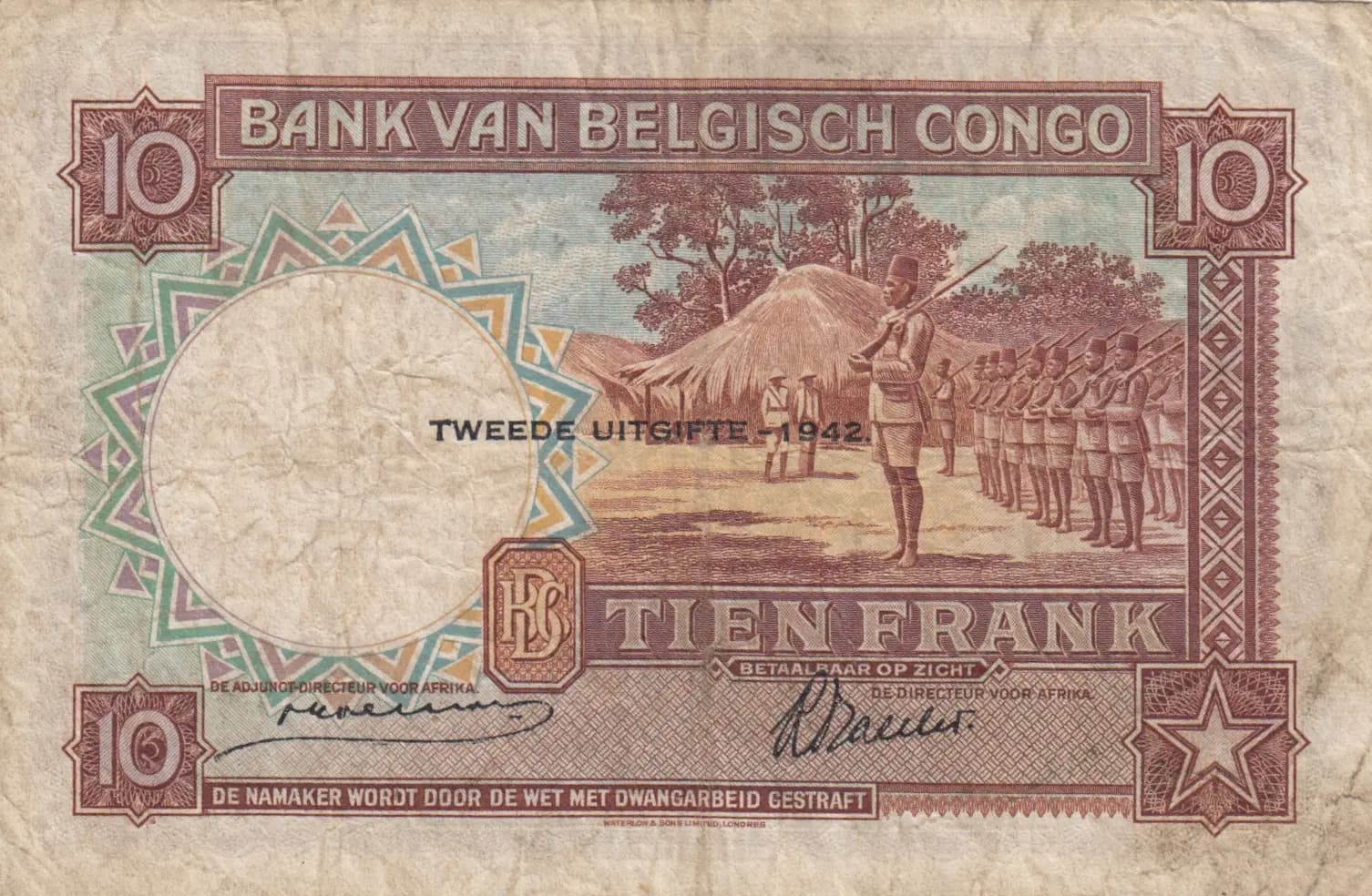 10 francs 1942 from Belgian Congo, P-14B (1942) — image 2