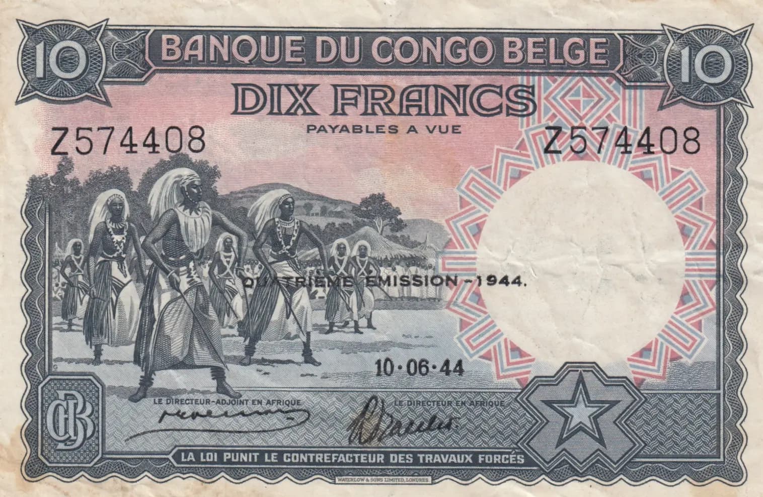 10 francs 1944 from Belgian Congo, P-14D