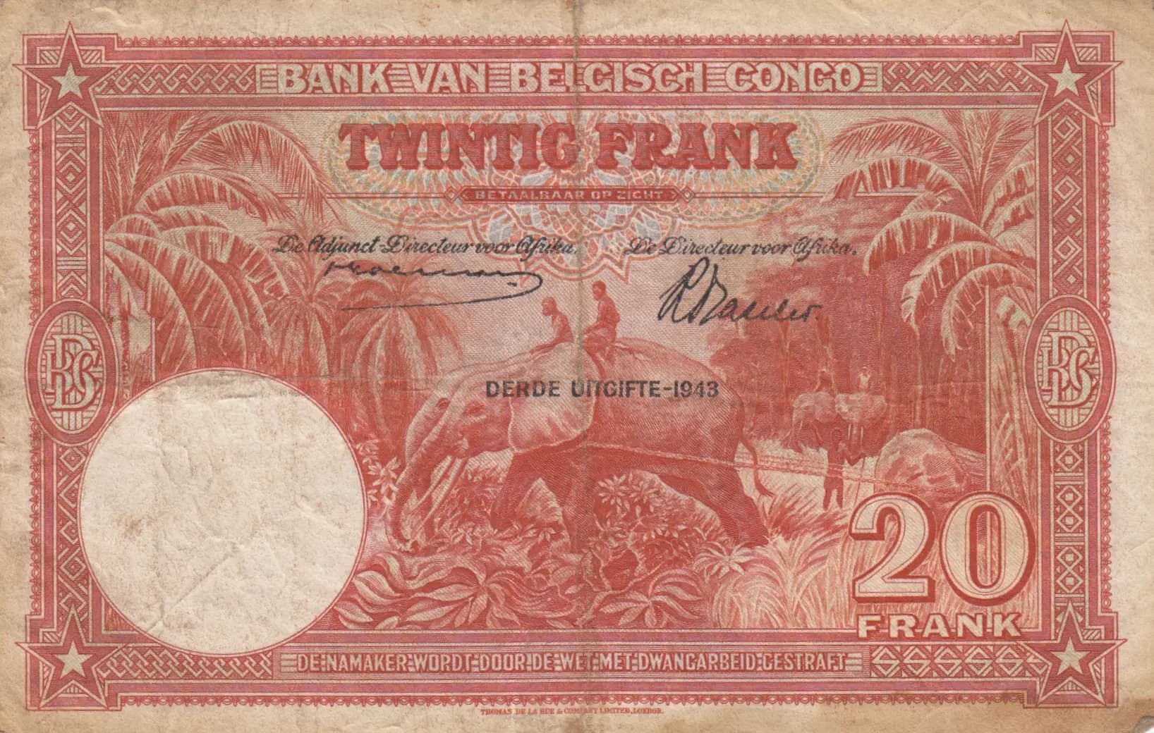 20 francs 1942 from Belgian Congo, P-15B (1942) — image 2