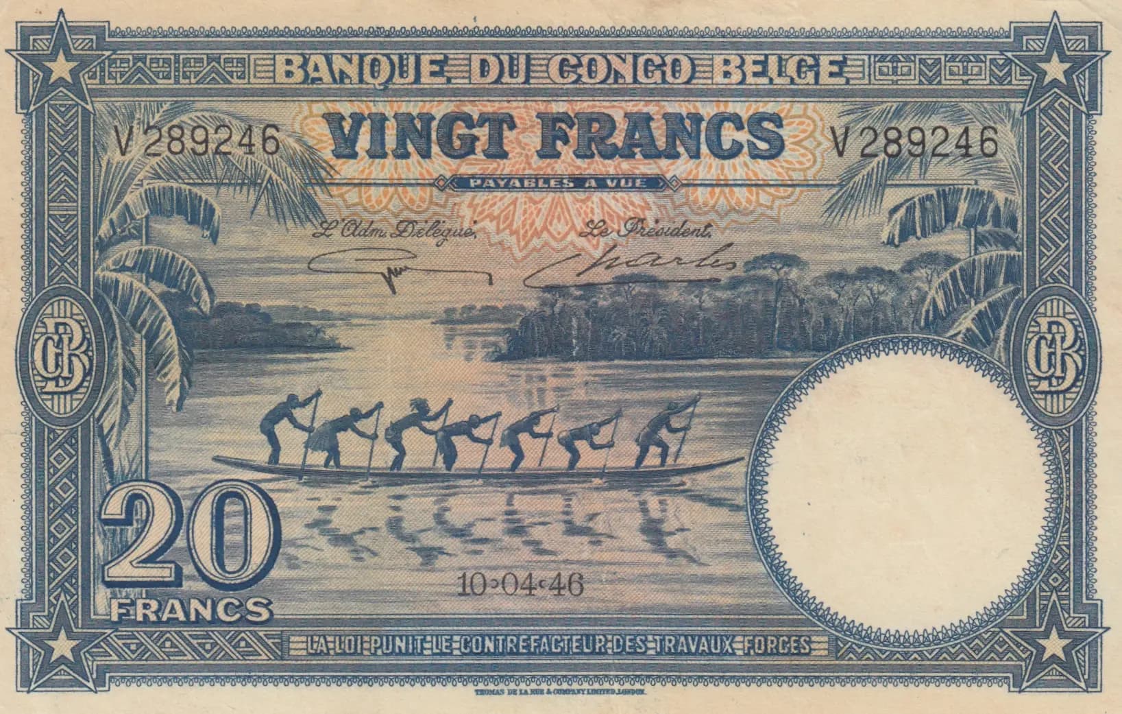 20 francs 1940 from Belgian Congo, P-15E