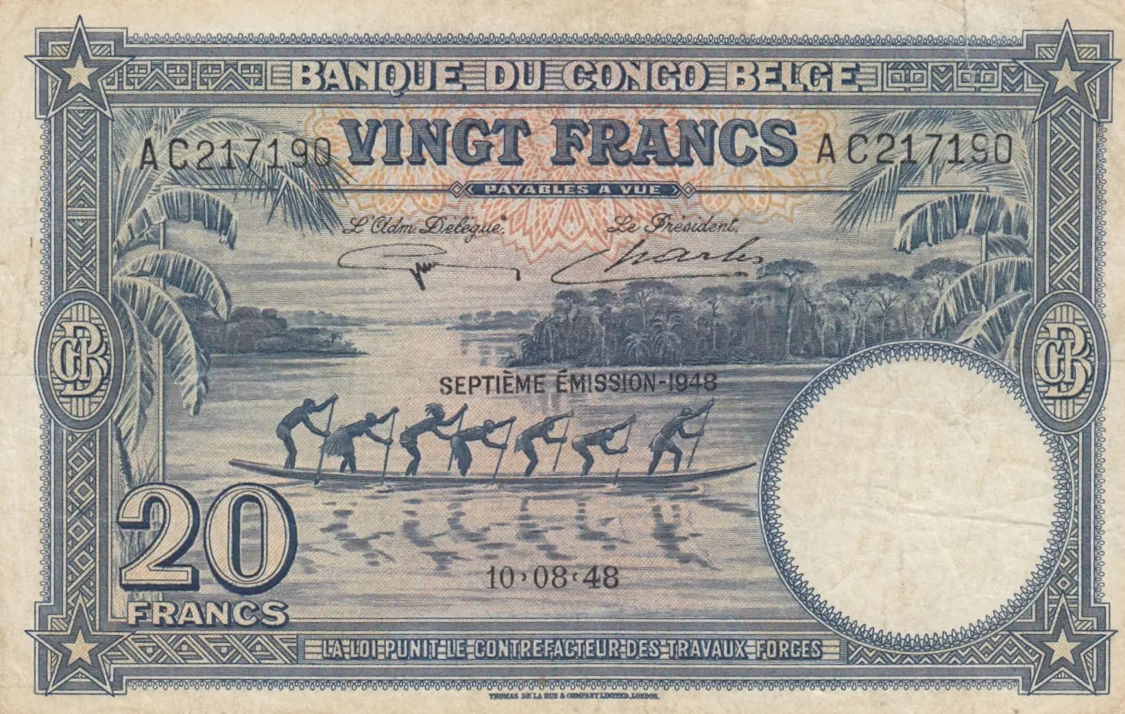 20 francs 1948 from Belgian Congo, P-15F