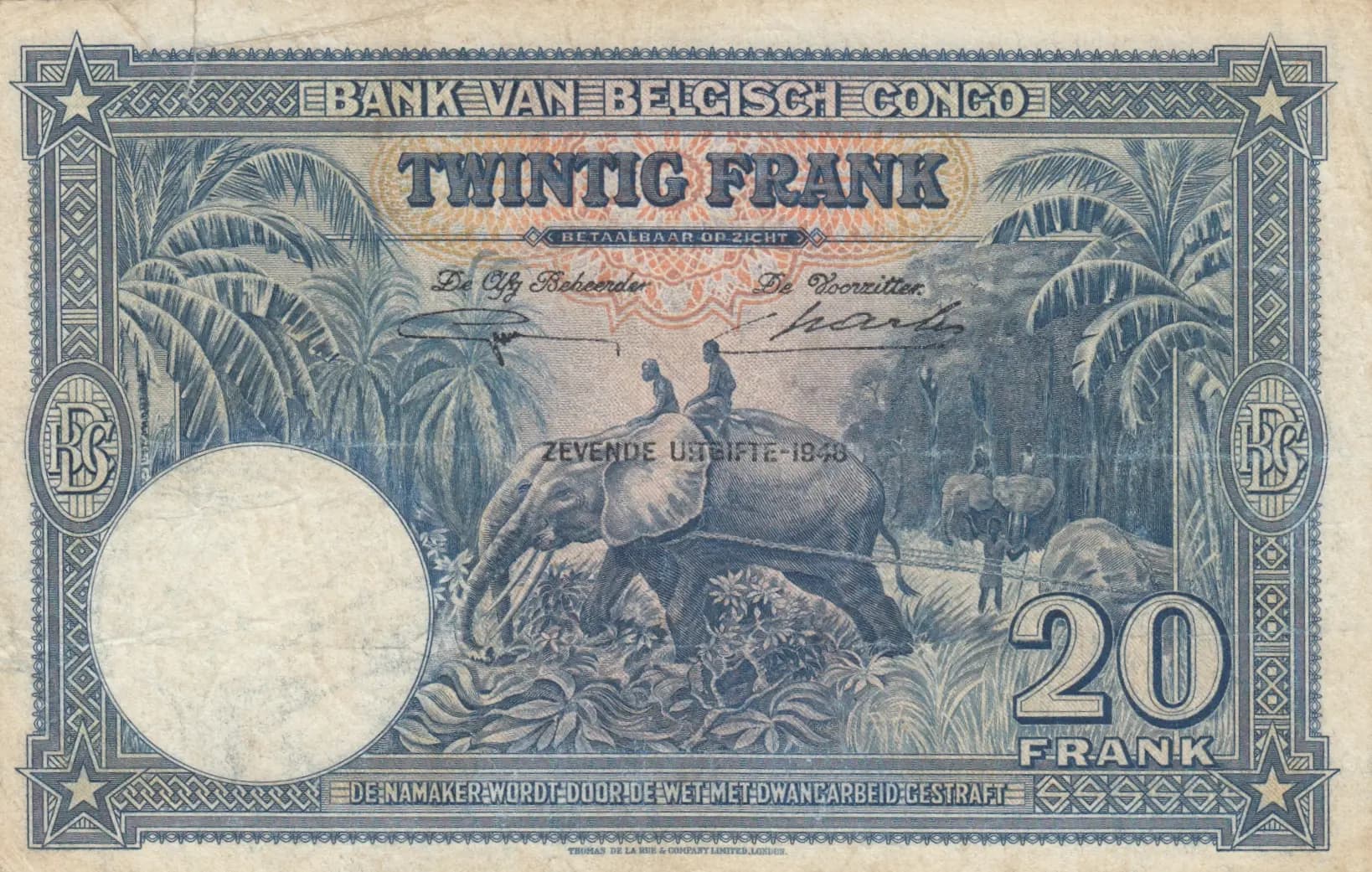 20 francs 1948 from Belgian Congo, P-15F (1948) — image 2