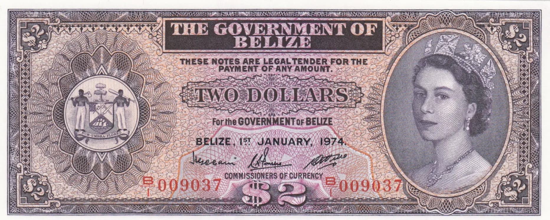 2 dollars 1974 from Belize, P-34a