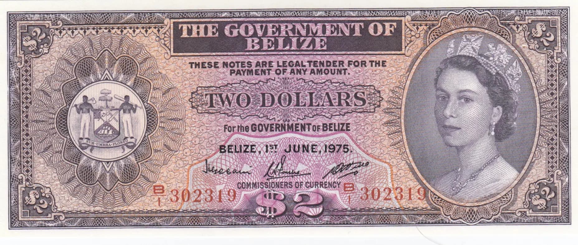 2 dollars 1975 from Belize, P-34b