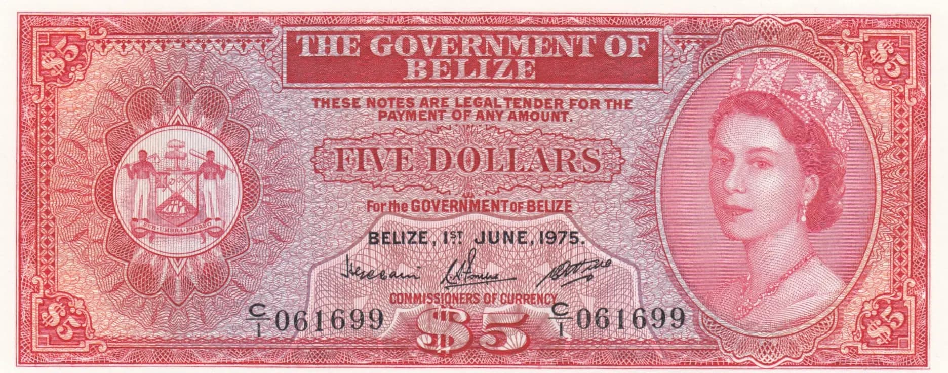 5 dollars 1975 from Belize, P-35a