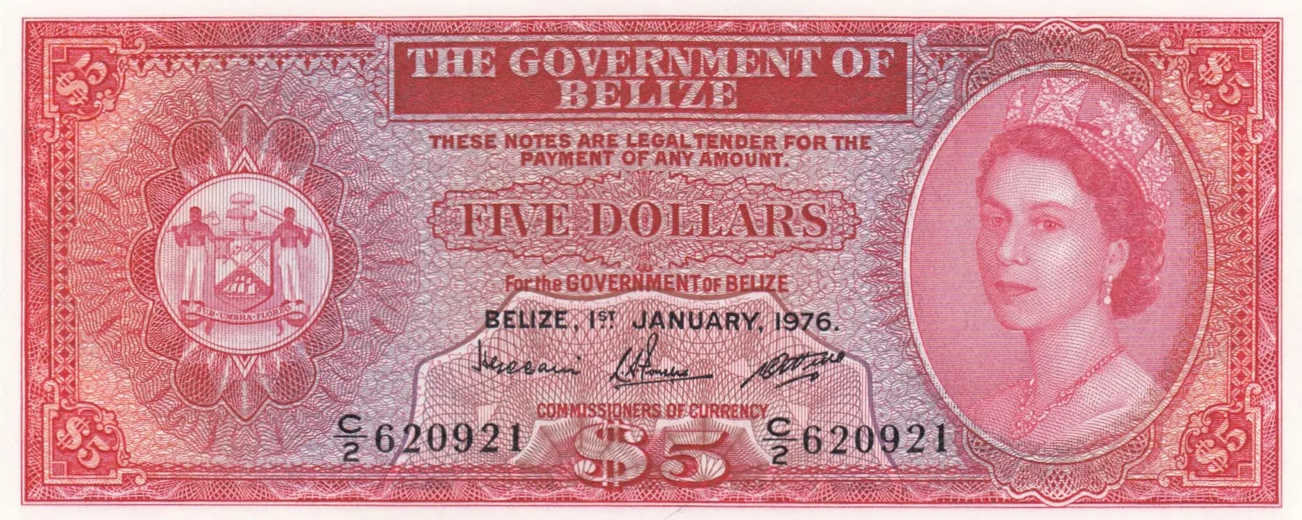 5 dollars 1976 from Belize, P-35b (1976) — image 1