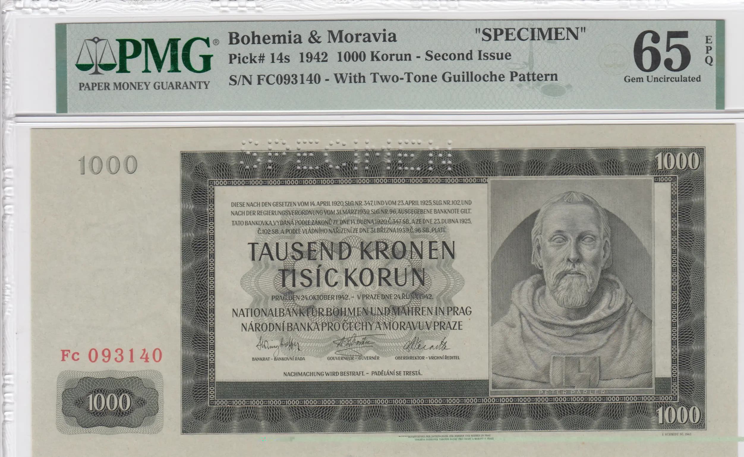 1000 korun 1942 specimen from Bohemia & Moravia, P-14s