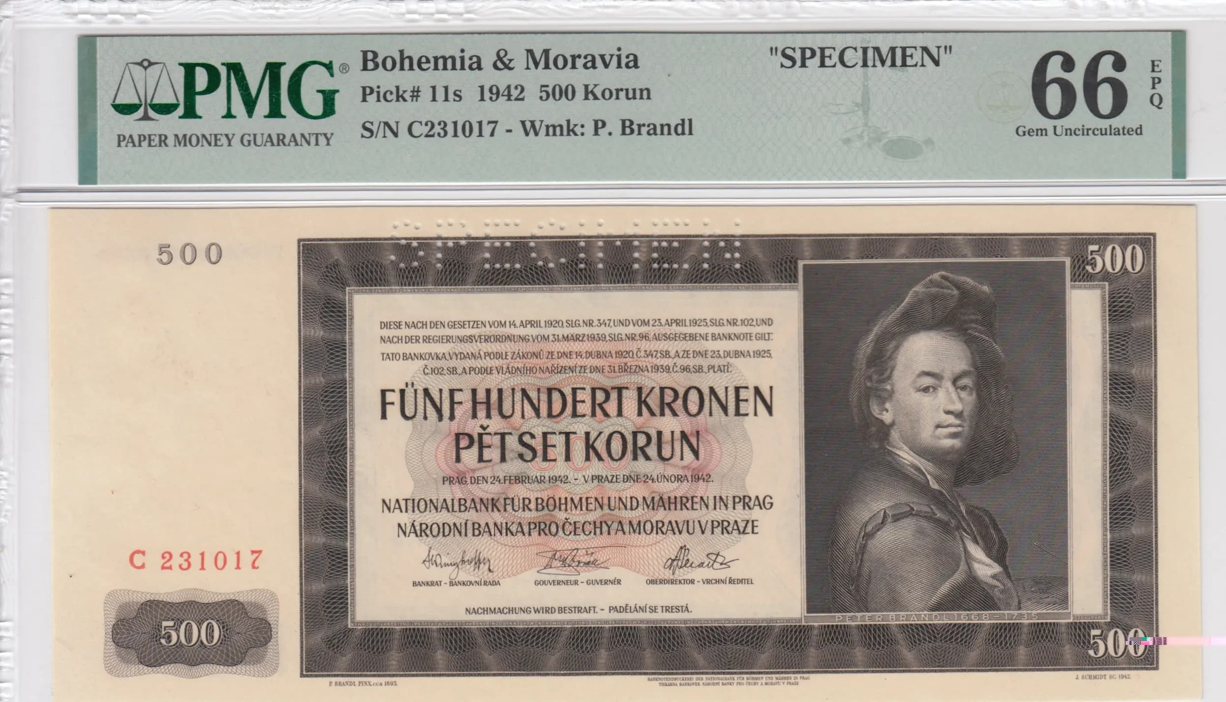 500 korun 1942 specimen from Bohemia & Moravia, P-11s