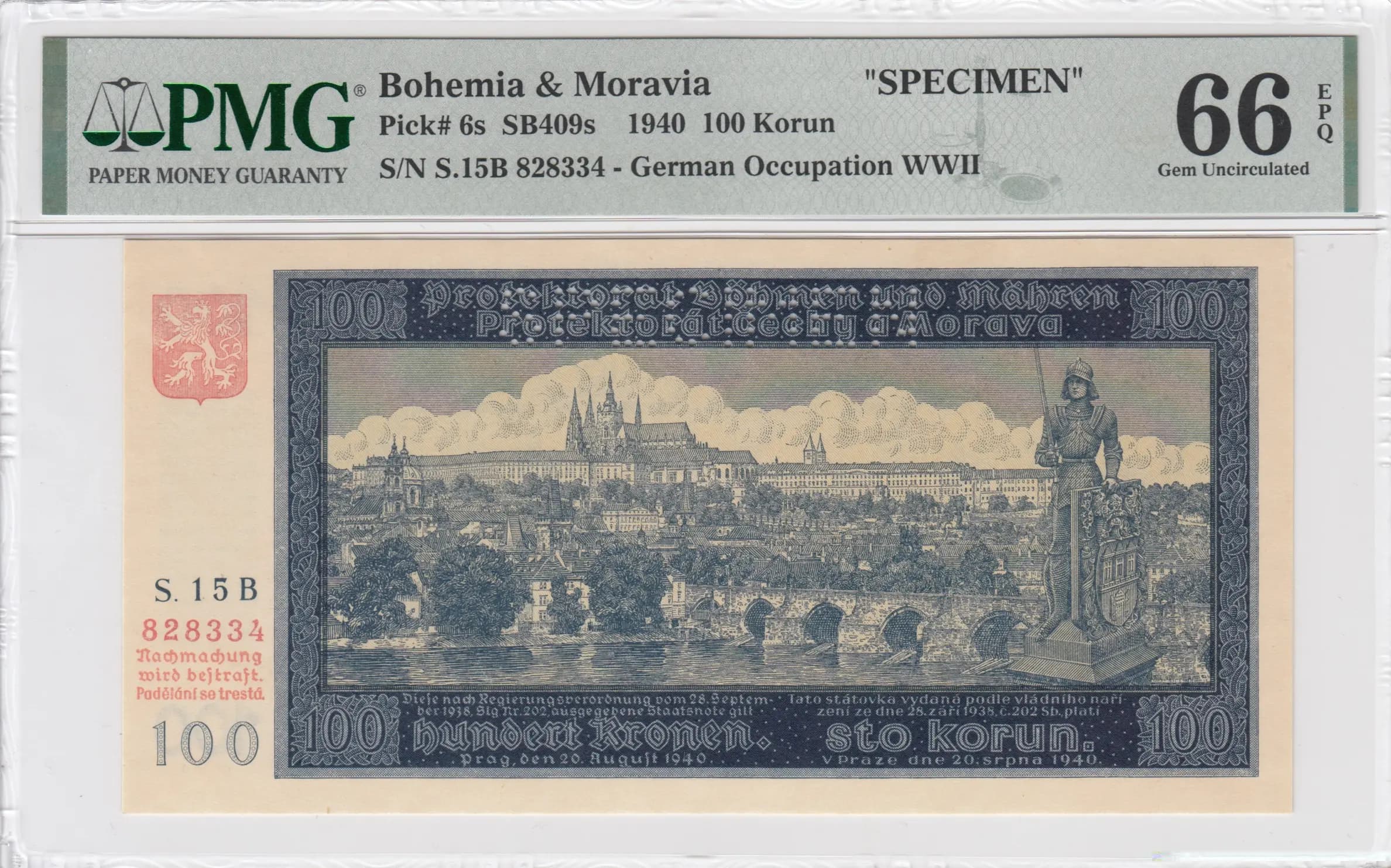 100 korun 1940 specimen from Bohemia & Moravia, P-6s