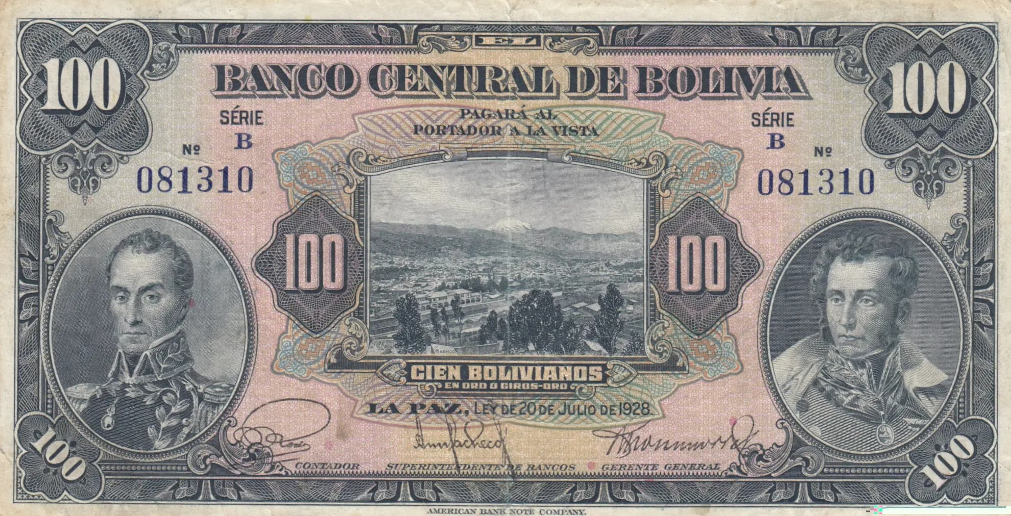 100 bolivanos 1928 from Bolivia, P-125