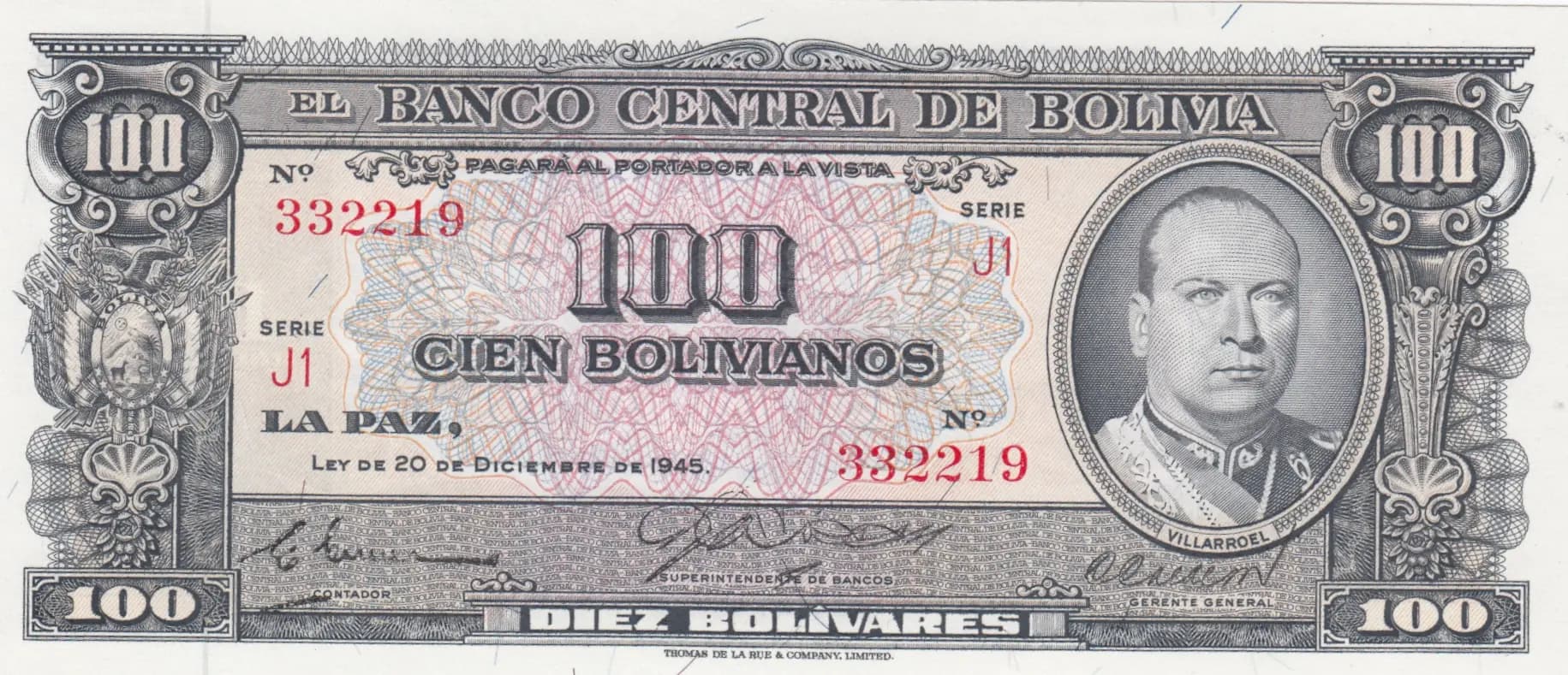 100 bolivanos 1945 from Bolivia, P-147 (1945) — image 1