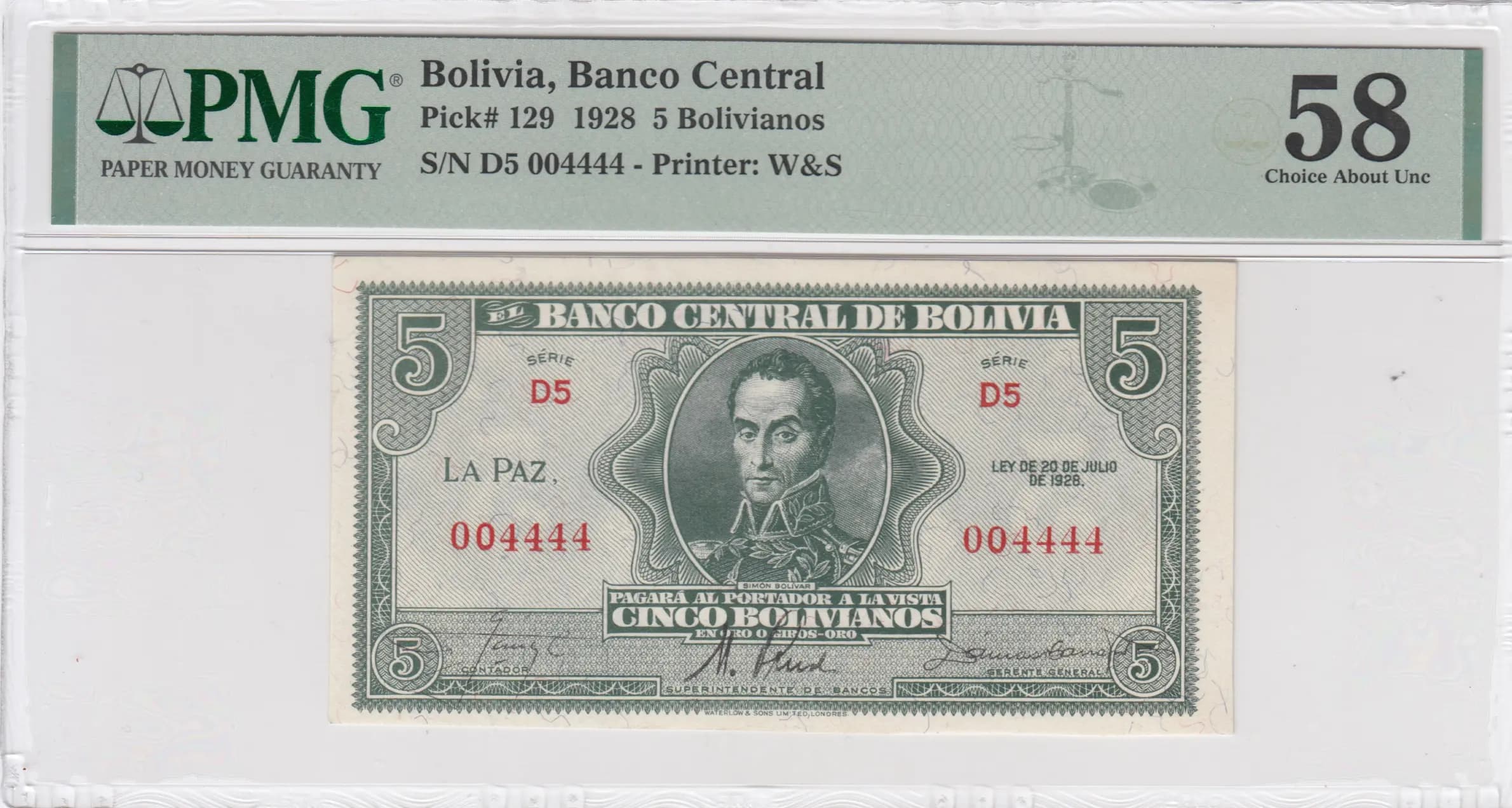 5 bolivanos 1928 from Bolivia, P-129 (1928) — image 1