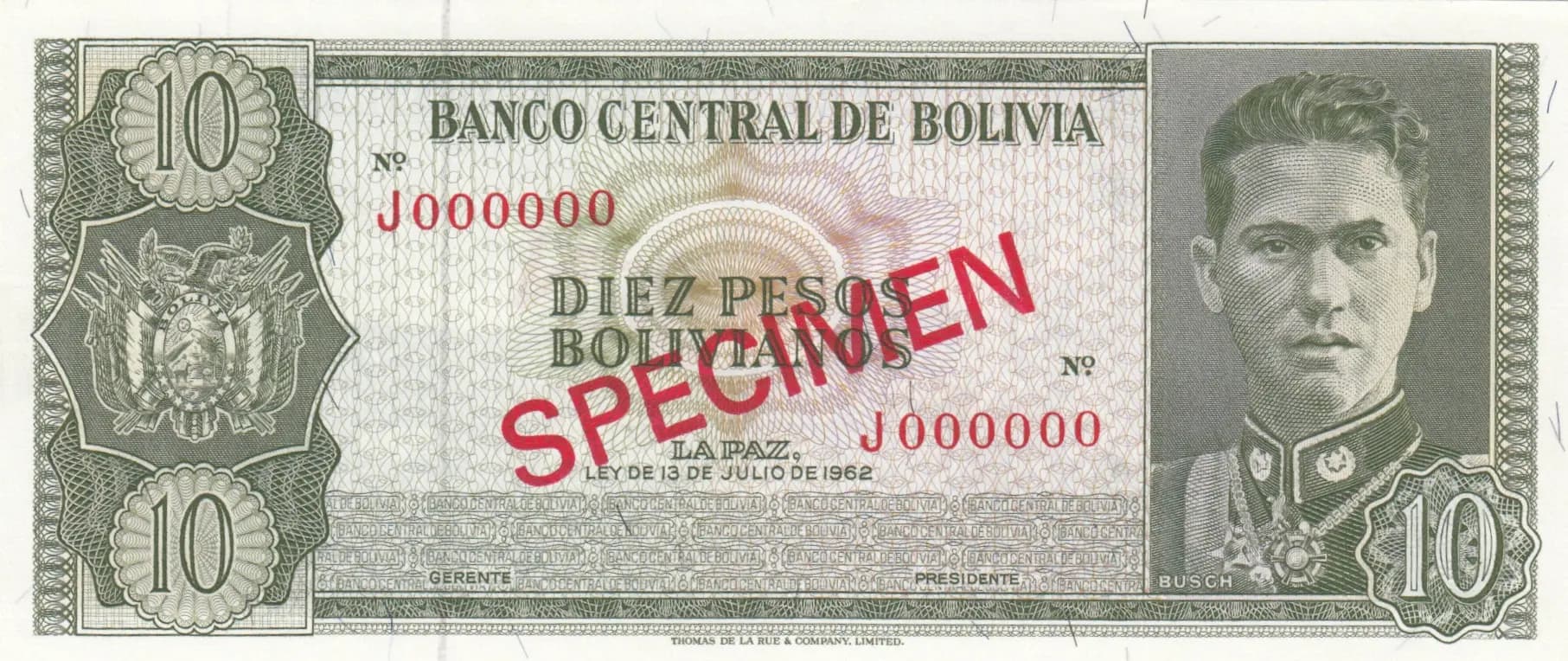 10 peso bolivanos 1962 from Bolivia, P-154s (1962) — image 1