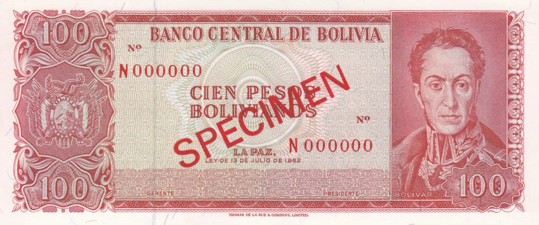 100 peso bolivanos 1962 from Bolivia, P-163s (1962) — image 1