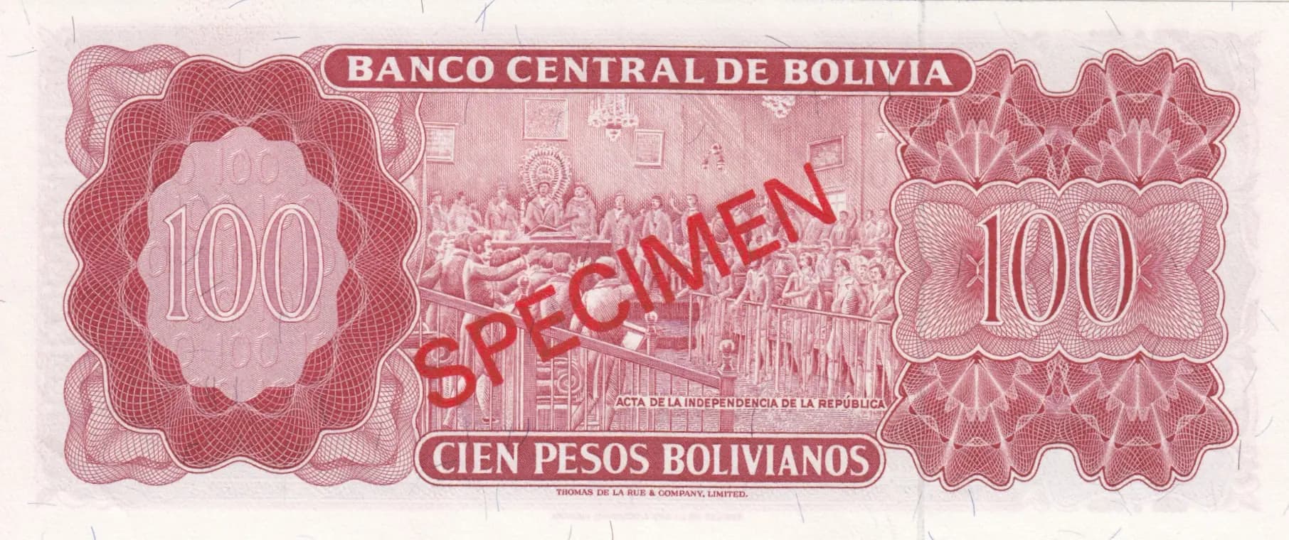 100 peso bolivanos 1962 from Bolivia, P-163s (1962) — image 2
