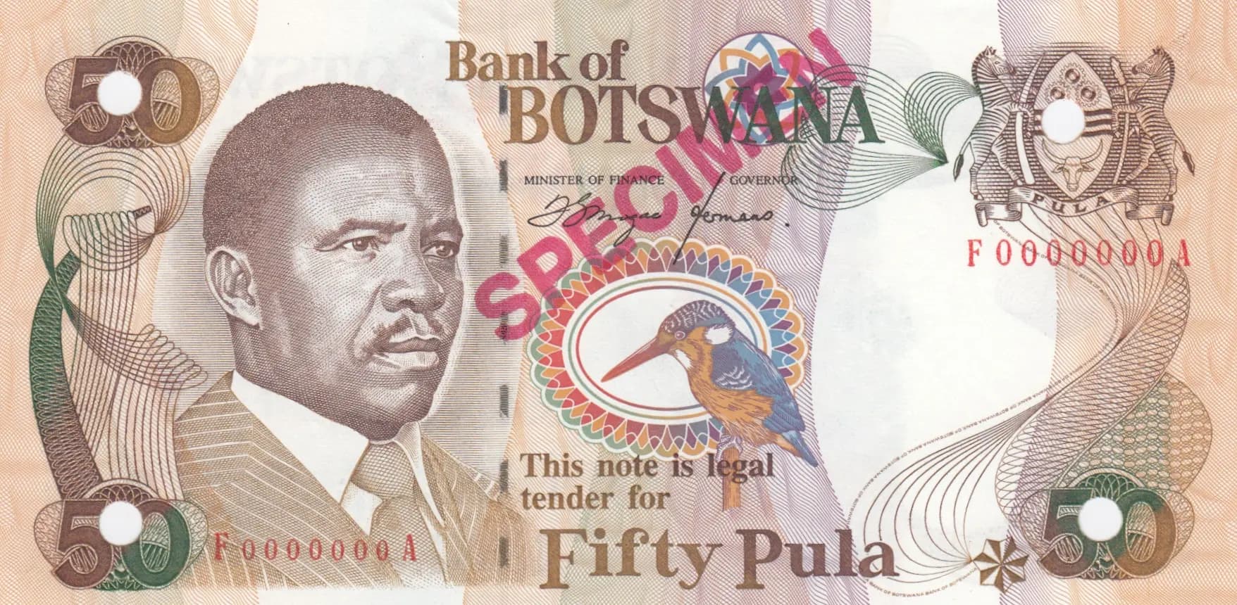 50 pula 1992 specimen from Botswana, P-14s