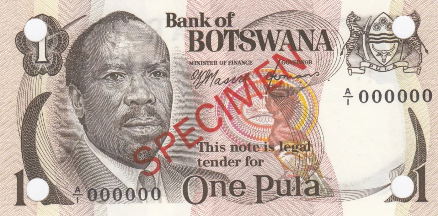 1 pula 1976 specimen from Botswana, P-1s