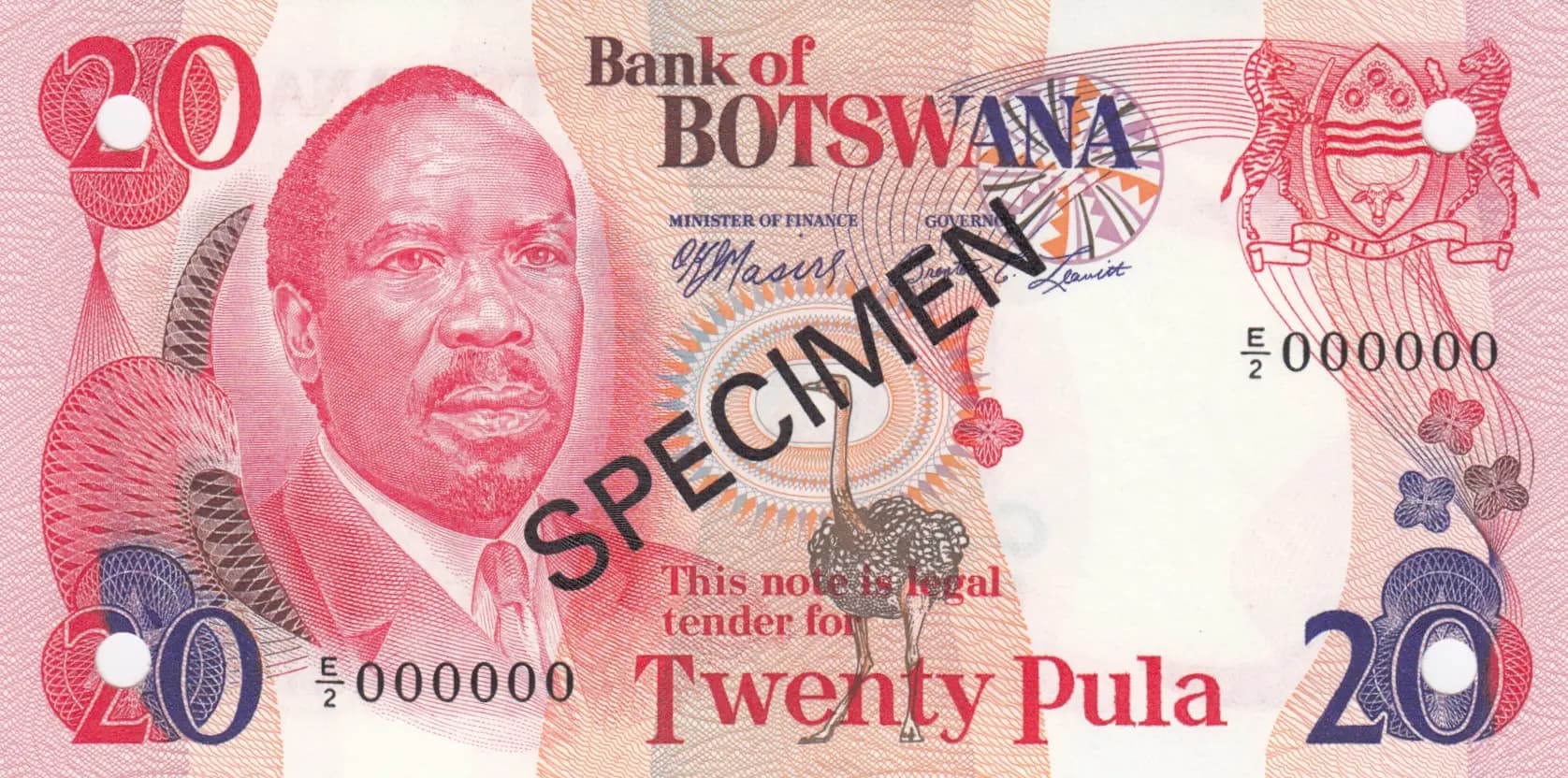 20 pula 1979 specimen from Botswana, P-5bs