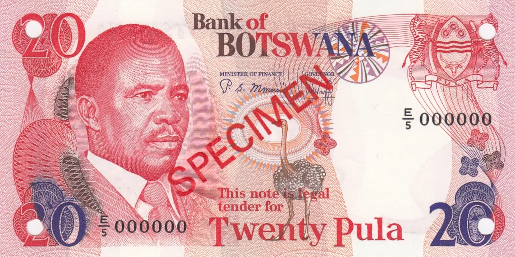 20 pula 1982 specimen from Botswana, P-10bs