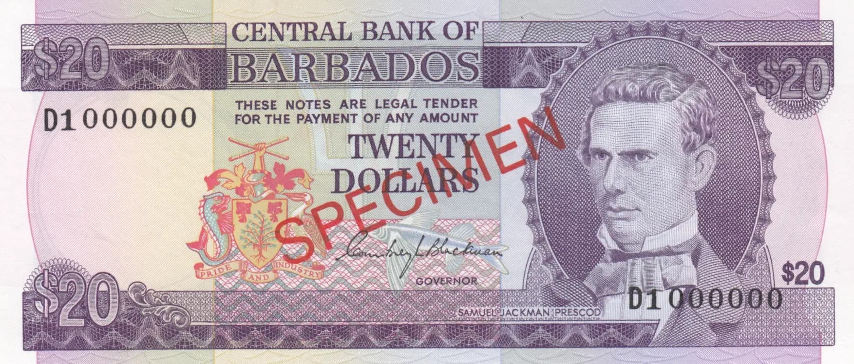 20 dollars 1973 specimen from Barbados, P-34s (1973) — image 1