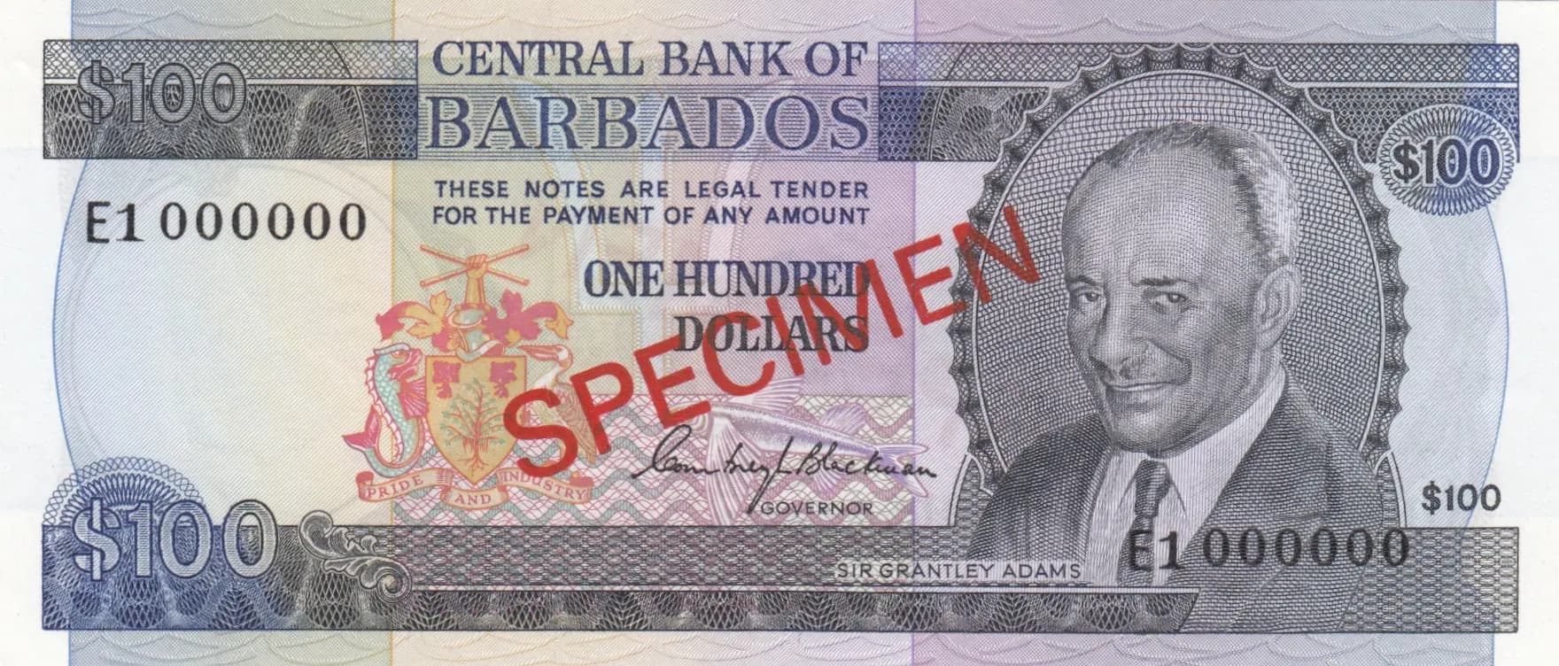 100 dollars 1973 specimen from Barbados, P-35s (1973) — image 1