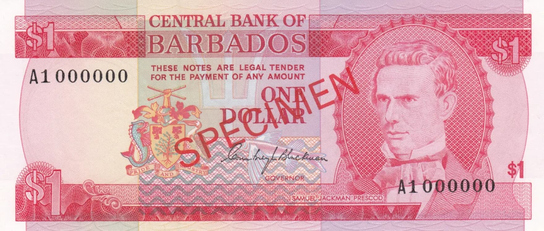 1 dollar 1973 specimen from Barbados, P-29s