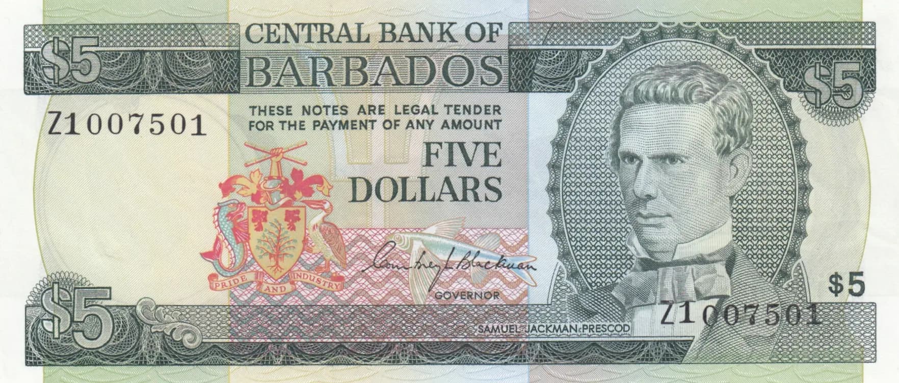 5 dollars 1973 replacement from Barbados, P-31* (1973) — image 1