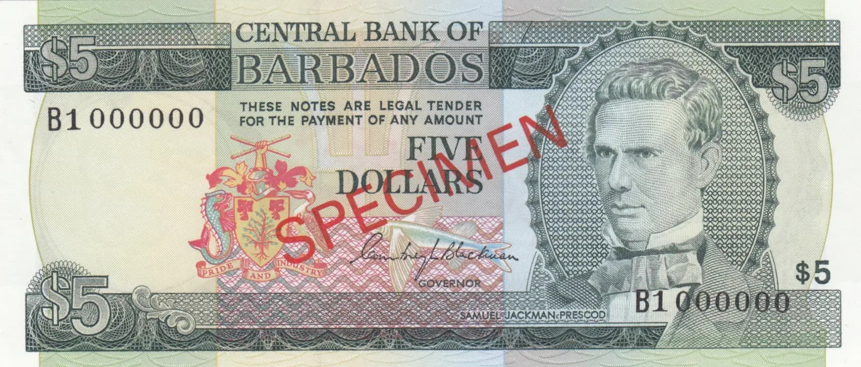 5 dollars 1973 specimen from Barbados, P-31s