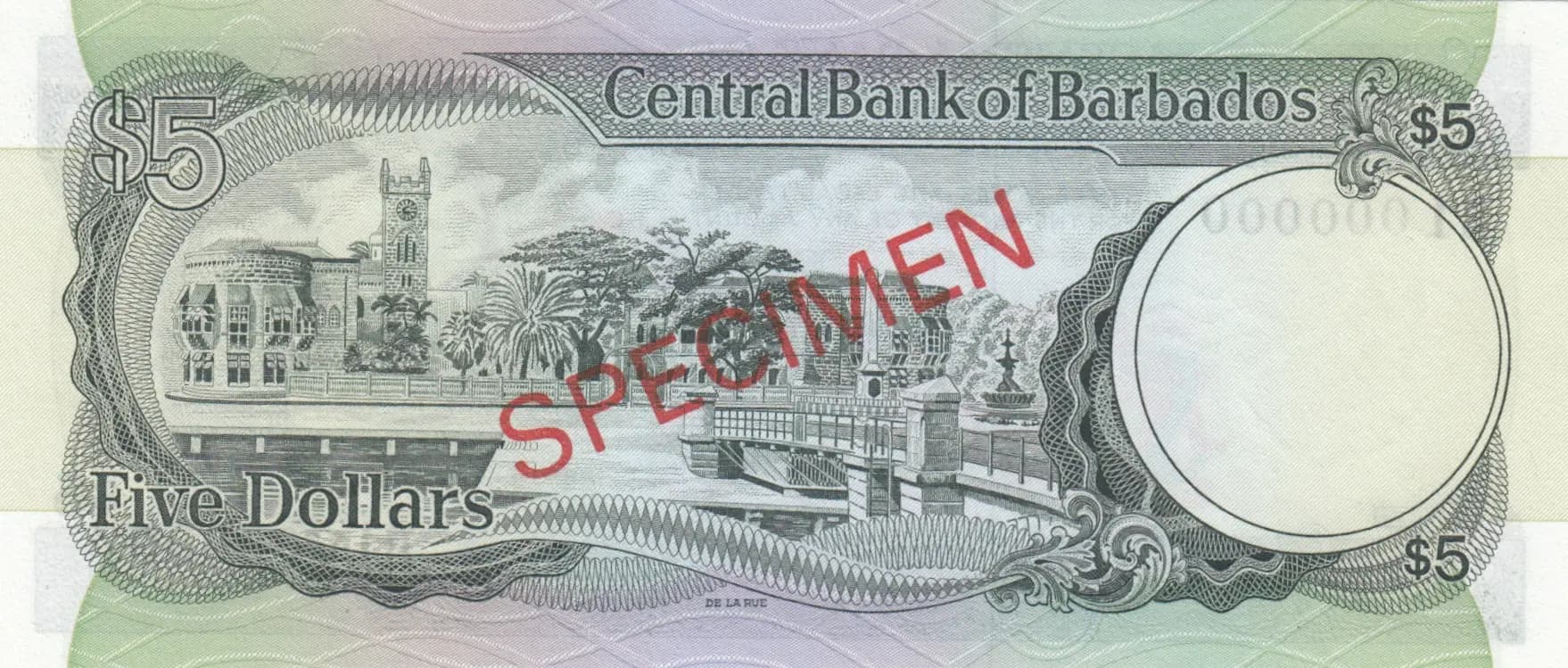 5 dollars 1973 specimen from Barbados, P-31s (1973) — image 2