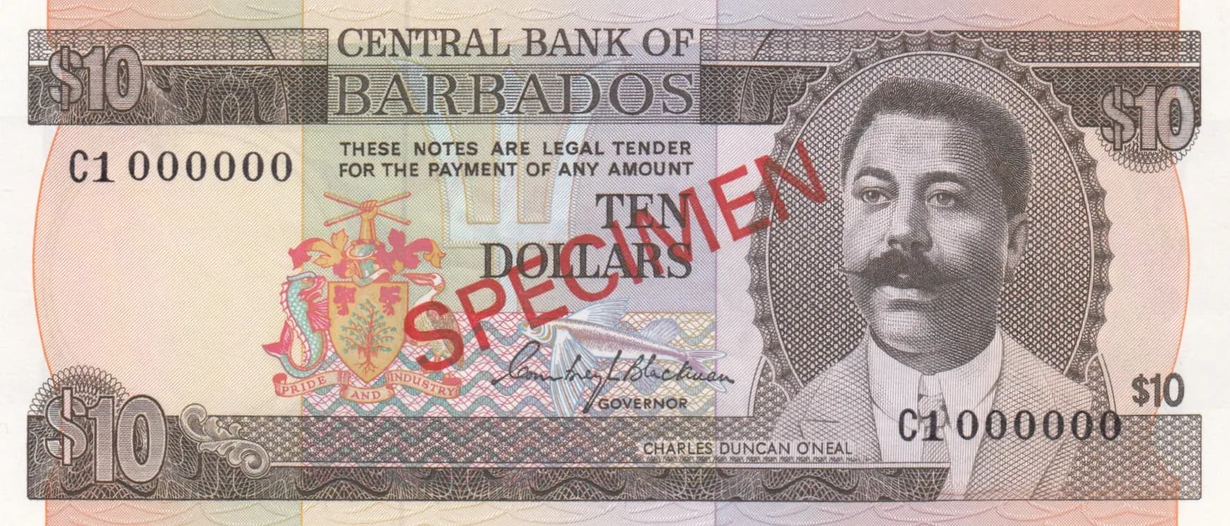10 dollars 1973 specimen from Barbados, P-33s (1973) — image 1