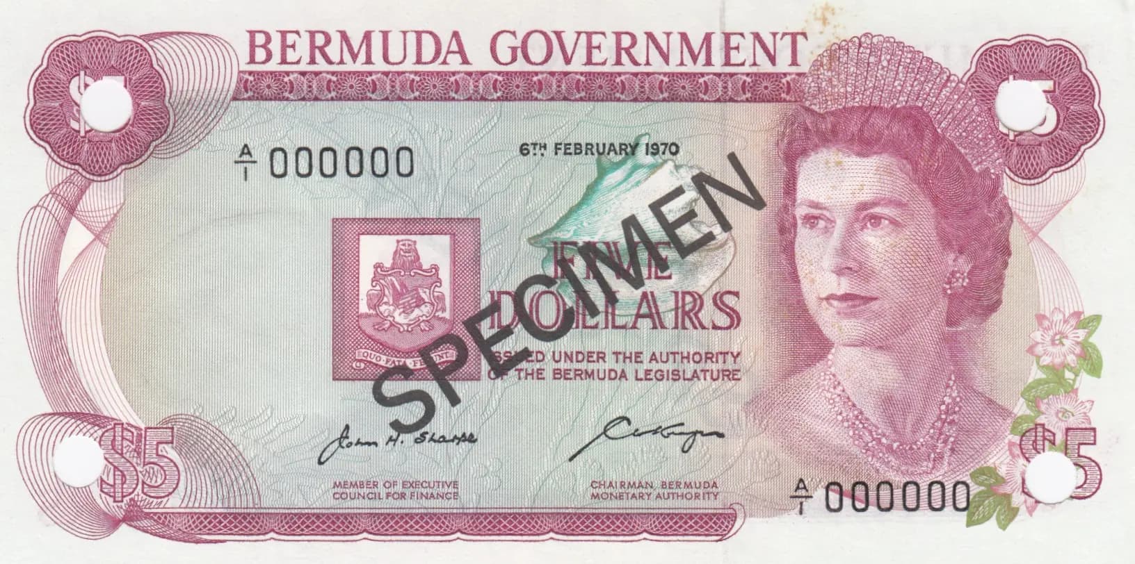 5 dollars 1970 specimen from Bermuda, P-24s (1970) — image 1