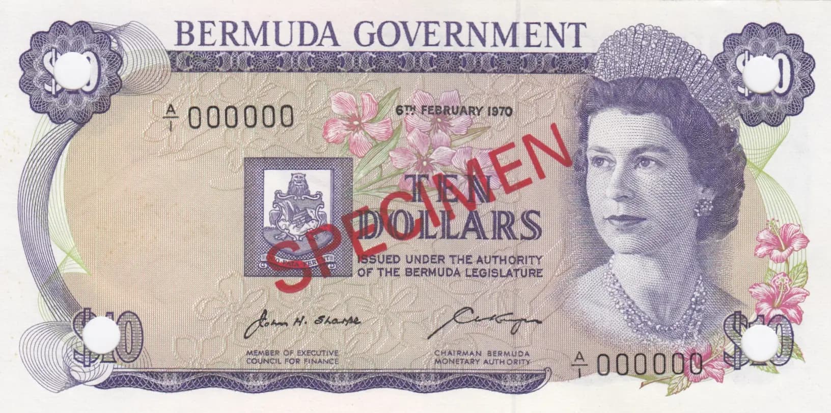10 dollars 1970 specimen from Bermuda, P-25s (1970) — image 1