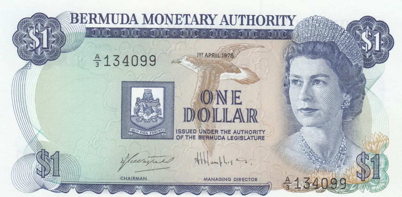 1 dollar 1975 specimen from Bermuda, P-28as